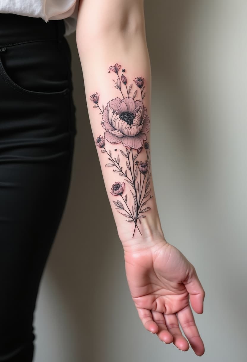 Aperçu IA — Fleurs botaniques fine line sur avant-bras