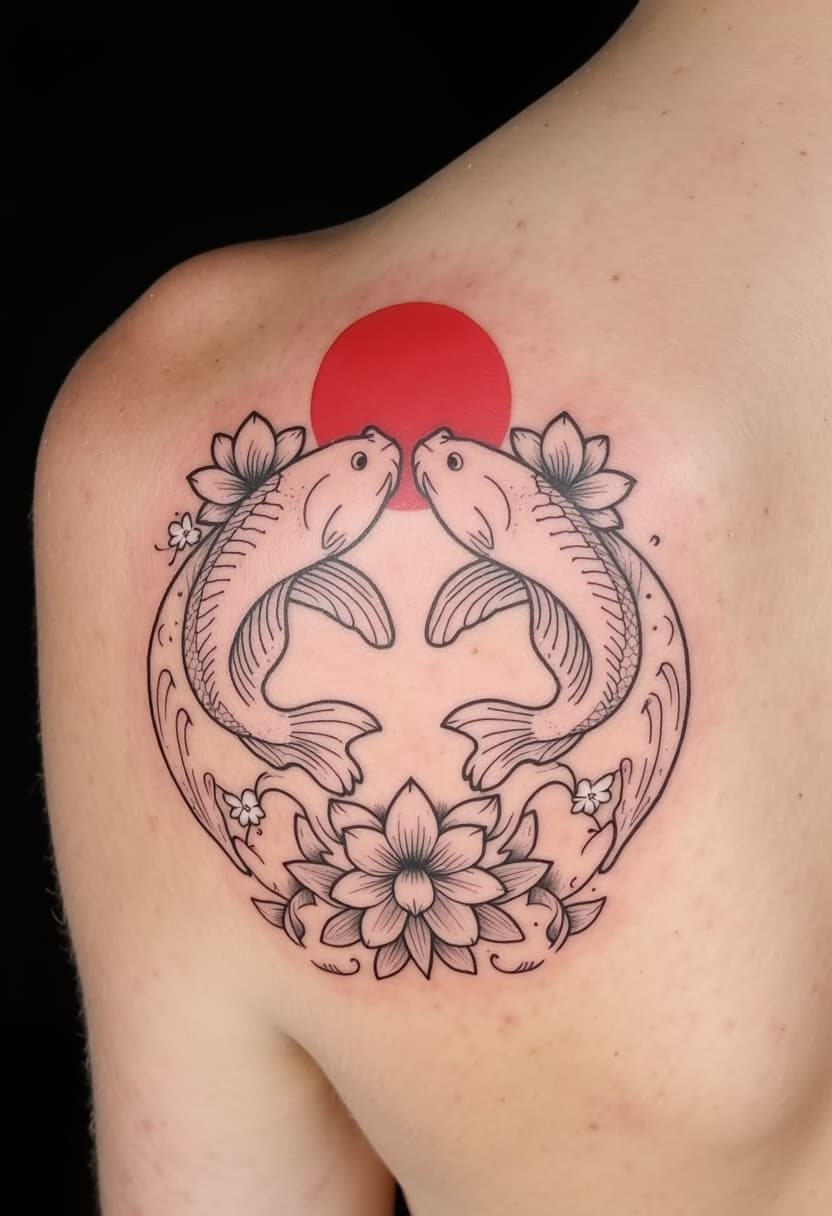 Deux carpes koï autour d'un soleil levant, tatouage fine line dans un style japonais traditionnel