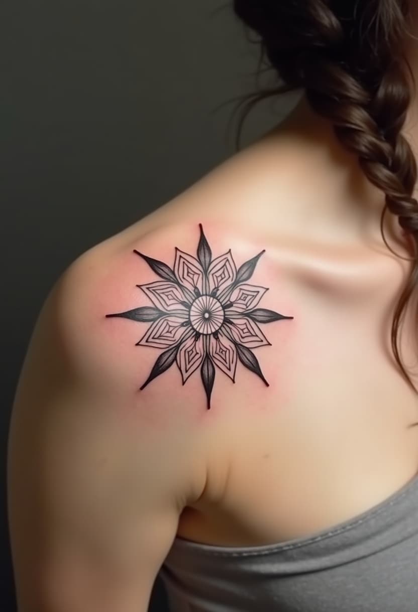 Aperçu IA — Mandala géométrique blackwork sur épaule