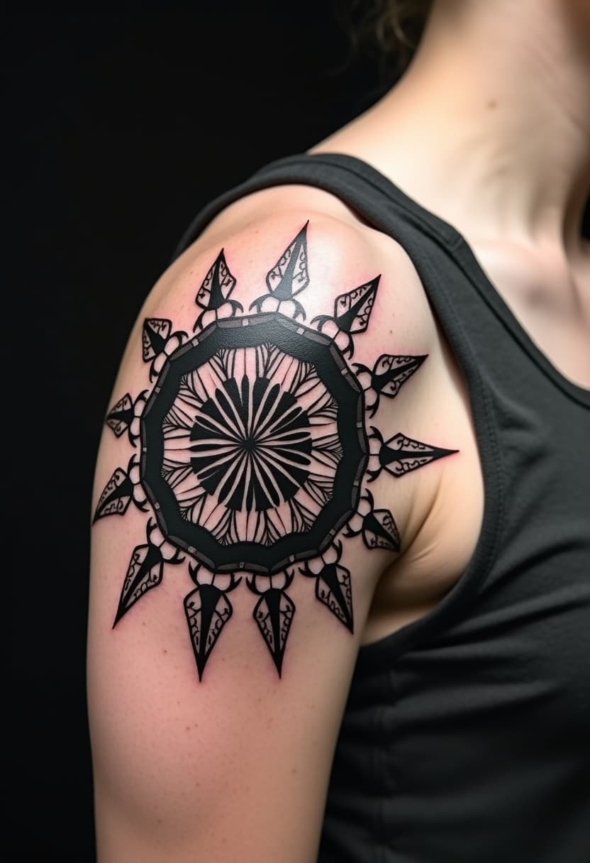 Aperçu IA — Mandala géométrique blackwork sur épaule